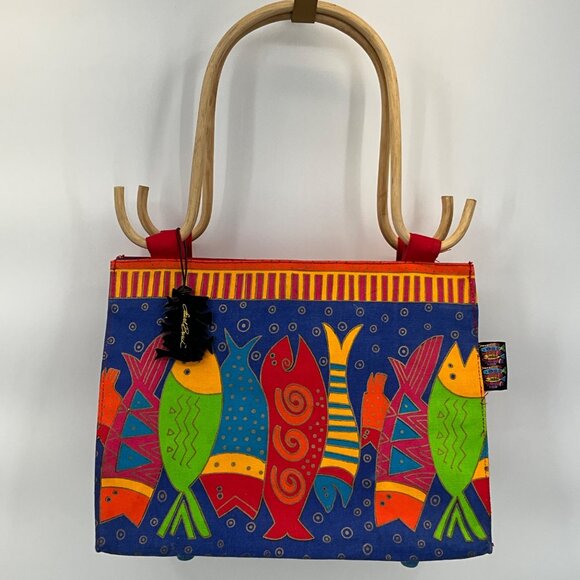 Laurel Burch Colorful Fish Canvas Tote Bag With Wooden Handles & Charm - Picture 2 of 9